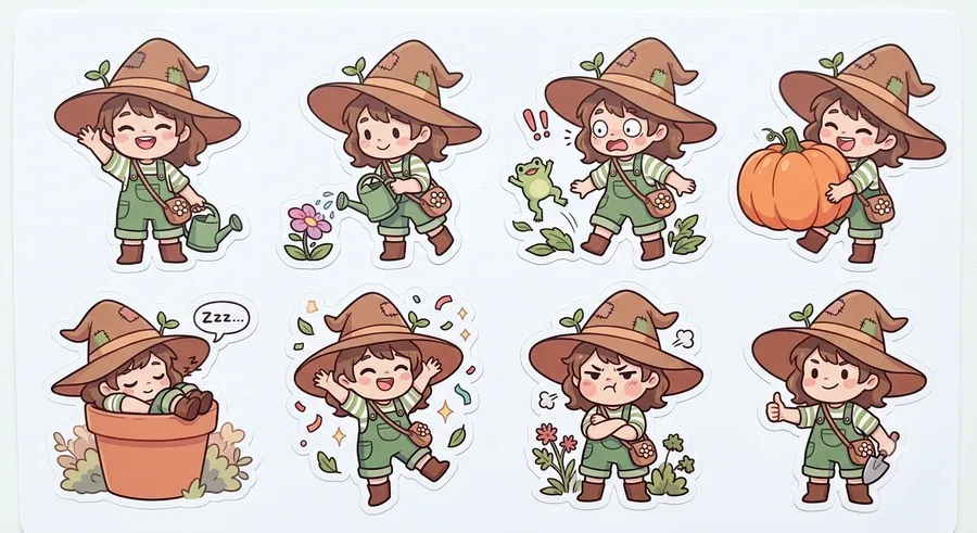 Garden Witch Chibi Sticker Sheet — AI-generated Chibi & Cute preview