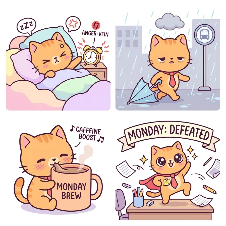 Chibi Monday Mood — 4-Panel Gag — AI-generated Chibi & Cute preview