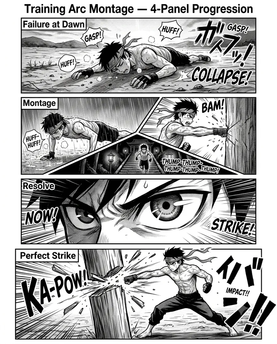 Training Arc Montage — 4-Panel Progression — AI-generated Shonen Manga preview
