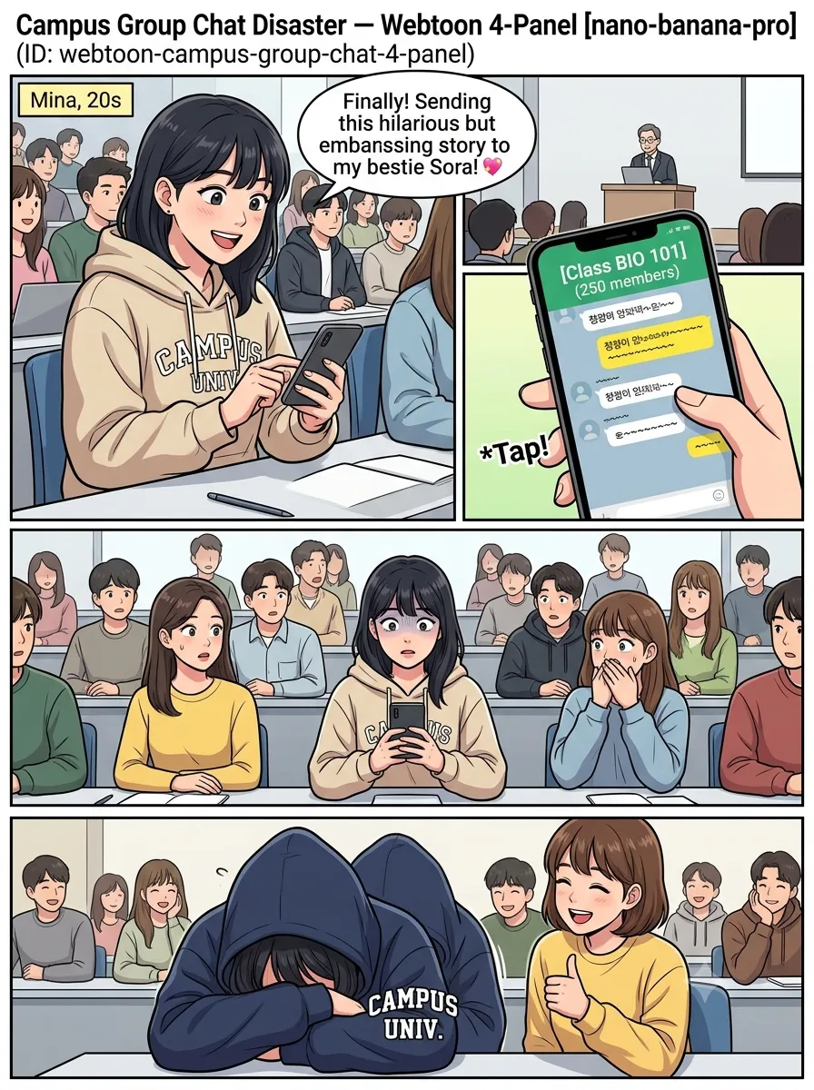 Campus Group Chat Disaster — Webtoon 4-Panel — AI-generated Webtoon / Vertical Scroll preview