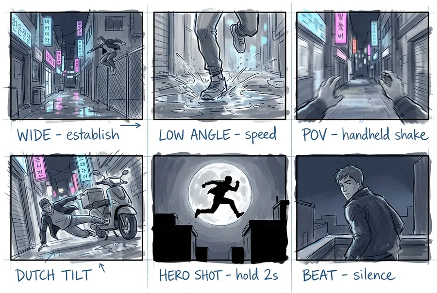Alley Chase — Webtoon Action Storyboard — AI-generated Webtoon / Vertical Scroll preview