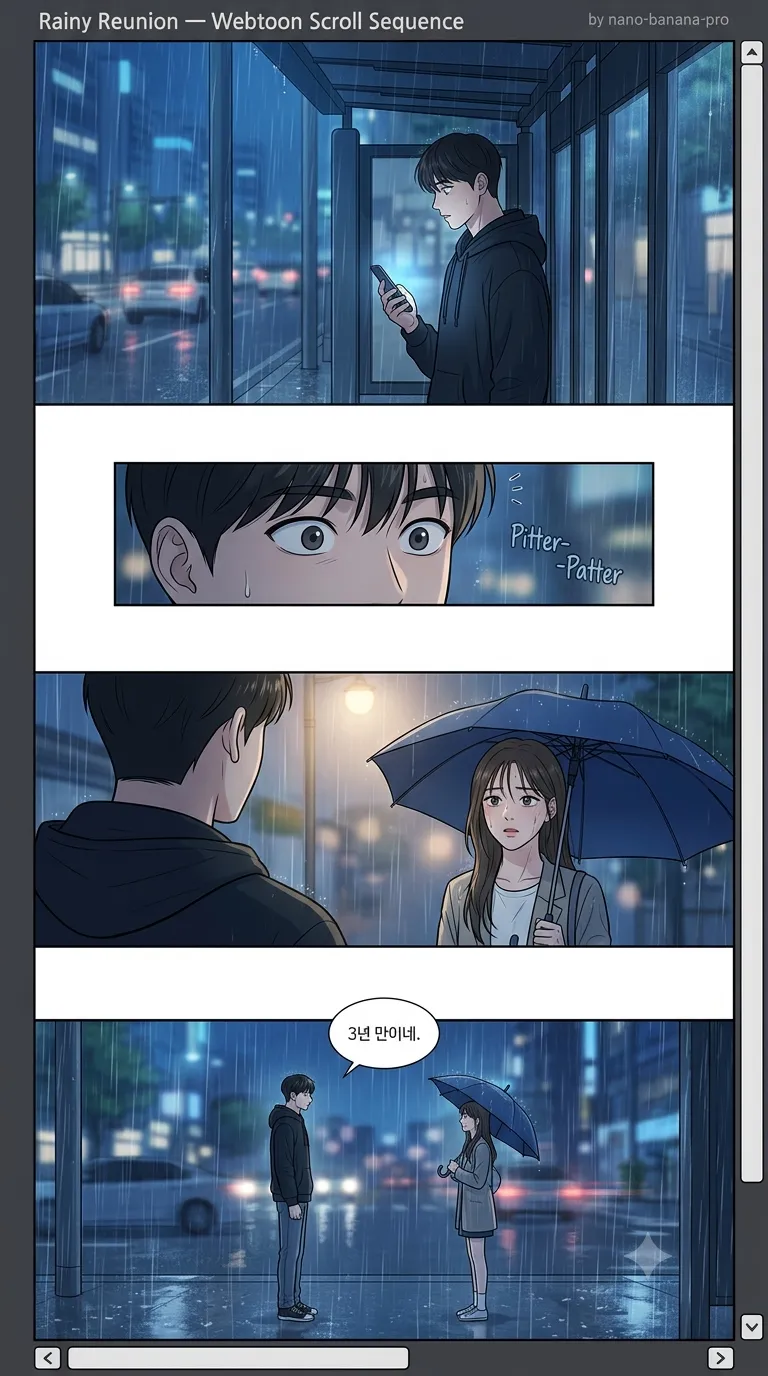 Rainy Reunion — Webtoon Scroll Sequence — AI-generated Webtoon / Vertical Scroll preview